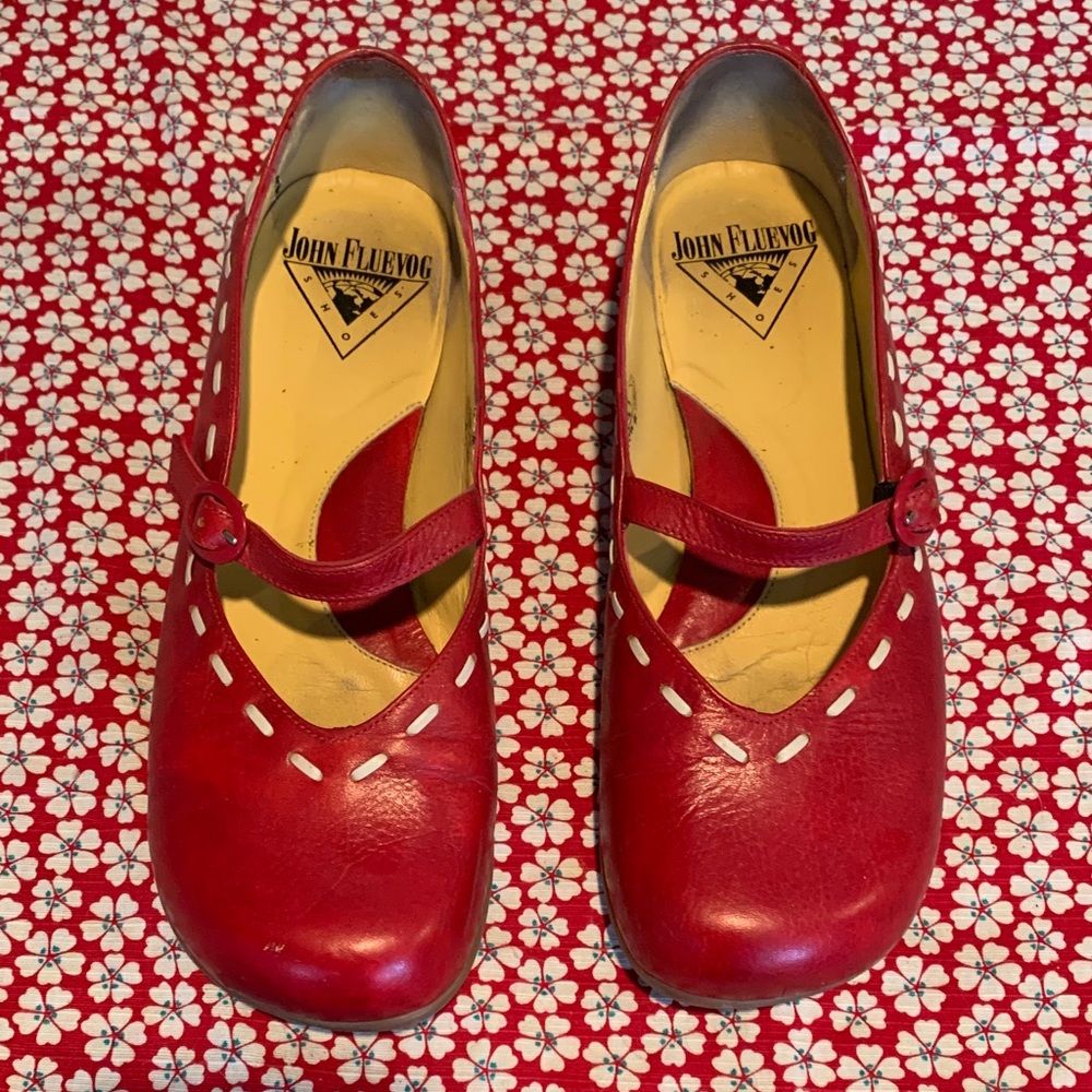 John Fluevog Cherry Red Strap Shoes